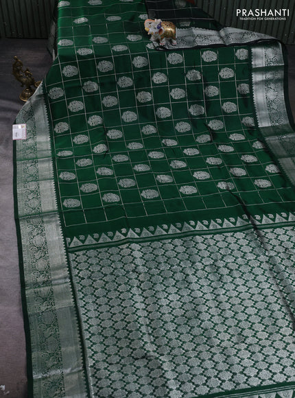 Venkatagiri silk saree bottle green with allover silver zari checks & buttas and silver zari woven border