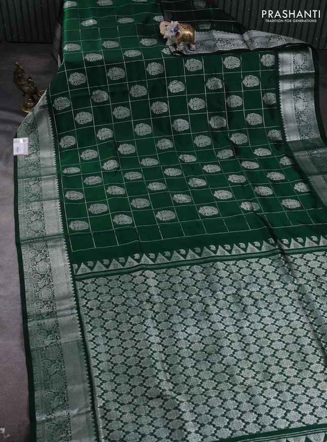 Venkatagiri silk saree bottle green with allover silver zari checks & buttas and silver zari woven border