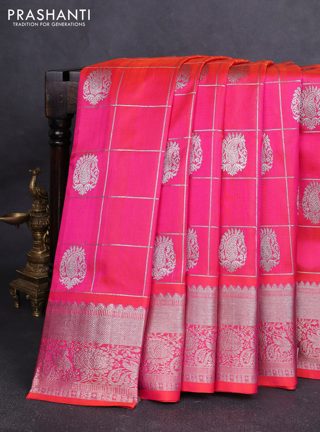 Venkatagiri silk saree dual shade of pinkish orange with allover silver zari checks & buttas and silver zari woven border