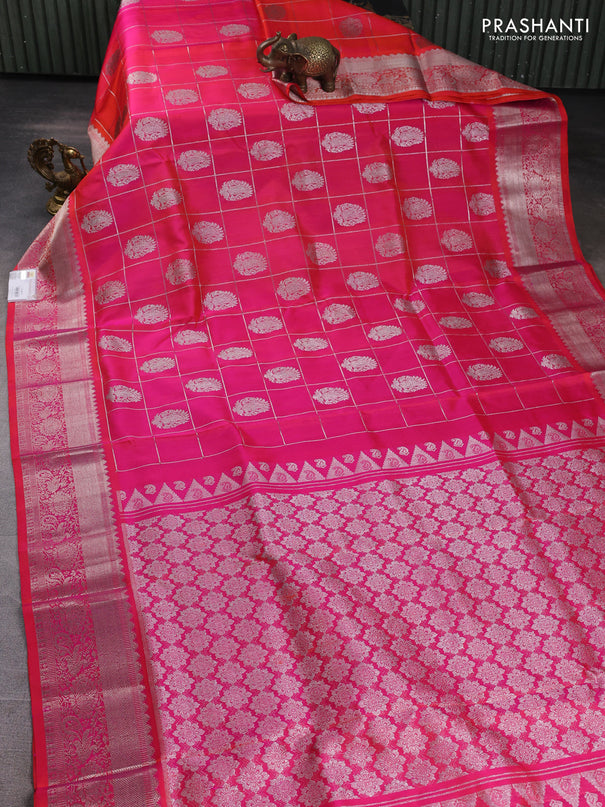 Venkatagiri silk saree dual shade of pinkish orange with allover silver zari checks & buttas and silver zari woven border