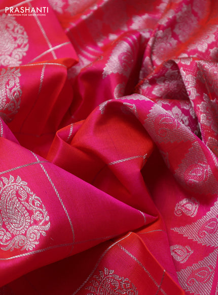 Venkatagiri silk saree dual shade of pinkish orange with allover silver zari checks & buttas and silver zari woven border