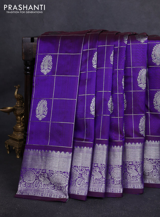 Venkatagiri silk saree violet with allover silver zari checks & buttas and silver zari woven border