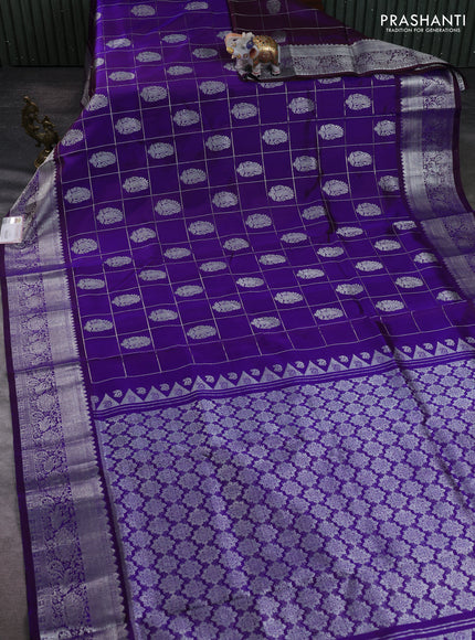 Venkatagiri silk saree violet with allover silver zari checks & buttas and silver zari woven border