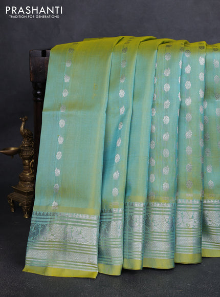 Venkatagiri silk saree dual shade of greenish yellow with allover silver zari woven buttas and silver zari woven border