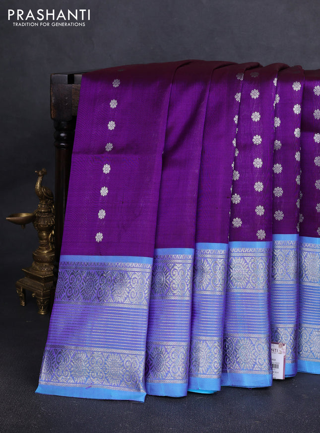 Venkatagiri silk saree purple and cs blue with allover silver zari woven buttas and silver zari woven border