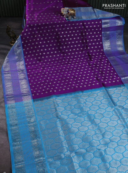 Venkatagiri silk saree purple and cs blue with allover silver zari woven buttas and silver zari woven border