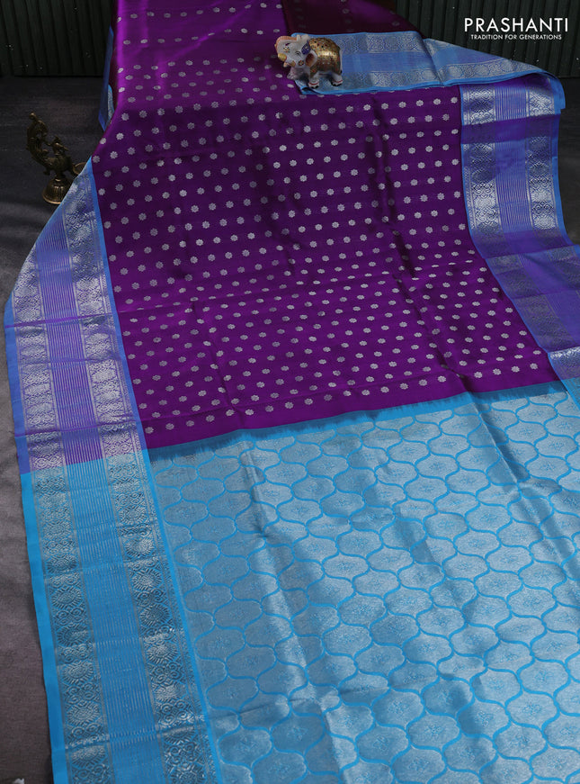 Venkatagiri silk saree purple and cs blue with allover silver zari woven buttas and silver zari woven border