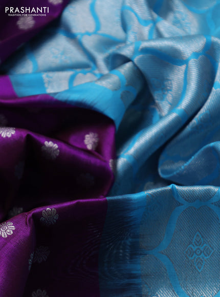 Venkatagiri silk saree purple and cs blue with allover silver zari woven buttas and silver zari woven border
