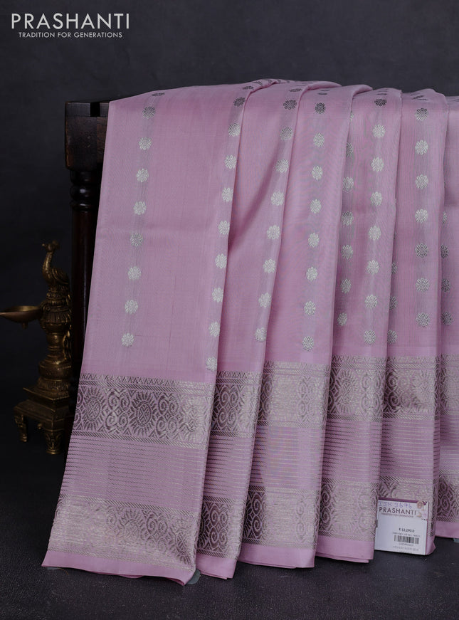 Venkatagiri silk saree pastel pink with allover silver zari woven buttas and silver zari woven border
