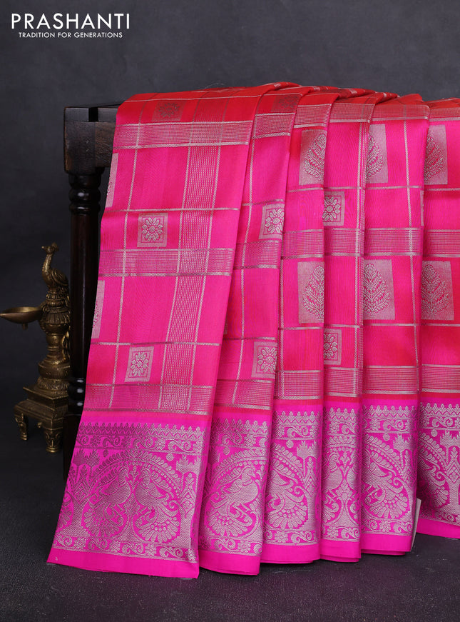 Venkatagiri silk saree candy pink and pink with allover silver zari checks & buttas and silver zari woven border