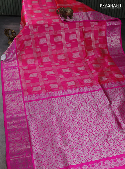 Venkatagiri silk saree candy pink and pink with allover silver zari checks & buttas and silver zari woven border