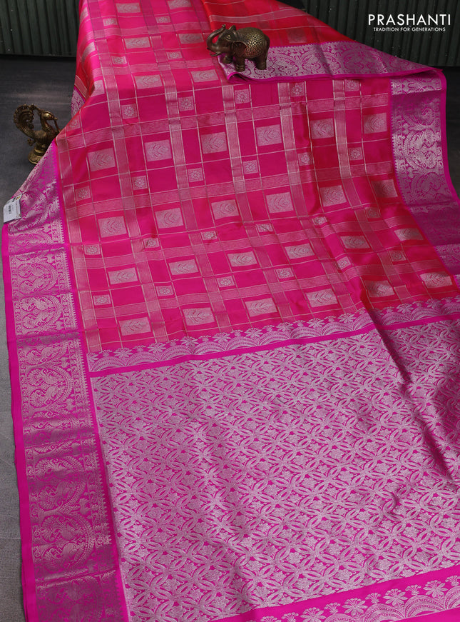 Venkatagiri silk saree candy pink and pink with allover silver zari checks & buttas and silver zari woven border