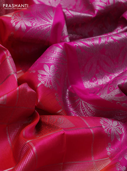 Venkatagiri silk saree candy pink and pink with allover silver zari checks & buttas and silver zari woven border