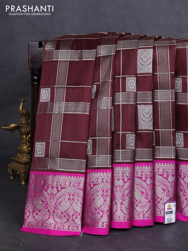 Venkatagiri silk saree coffee brown and pink with allover zari checks & buttas and silver zari woven border