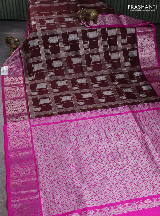 Venkatagiri silk saree coffee brown and pink with allover zari checks & buttas and silver zari woven border