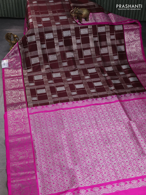 Venkatagiri silk saree coffee brown and pink with allover zari checks & buttas and silver zari woven border