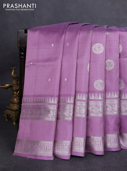 Venkatagiri silk saree pastel purple with allover silver zari woven buttas and rettapet silver zari woven border