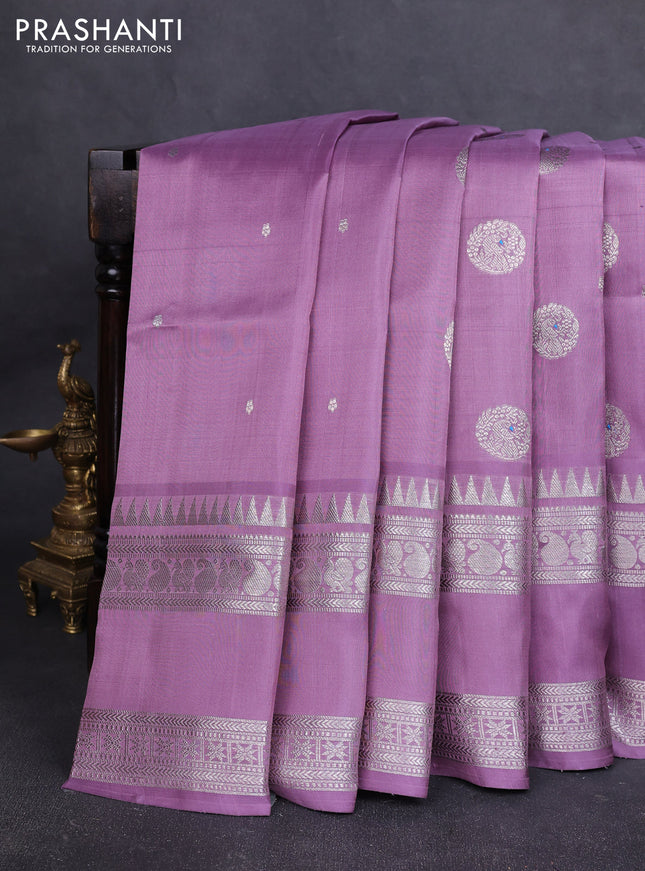 Venkatagiri silk saree pastel purple with allover silver zari woven buttas and rettapet silver zari woven border