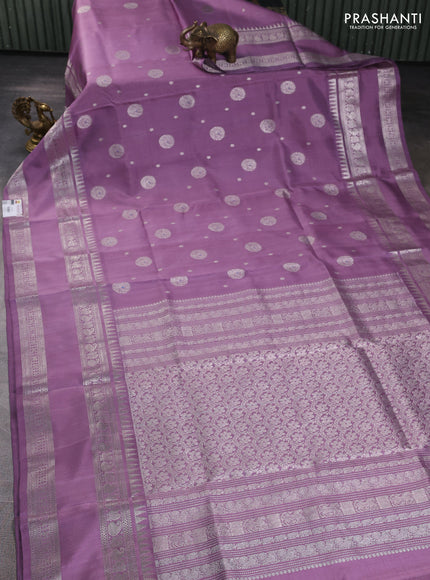 Venkatagiri silk saree pastel purple with allover silver zari woven buttas and rettapet silver zari woven border