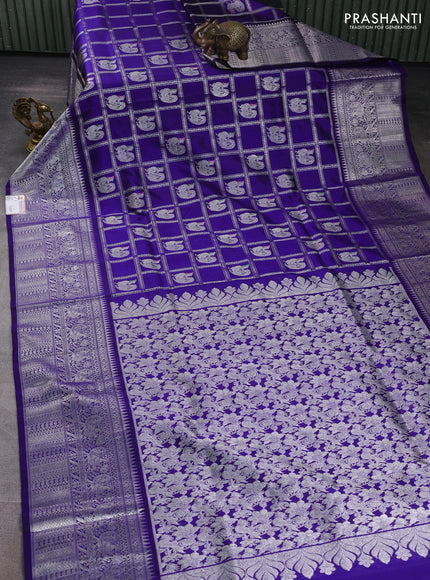 Venkatagiri silk saree blue with allover silver zari checks & buttas and long zari woven border
