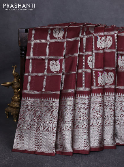 Venkatagiri silk saree coffee brown with allover silver zari checks & buttas and long zari woven border