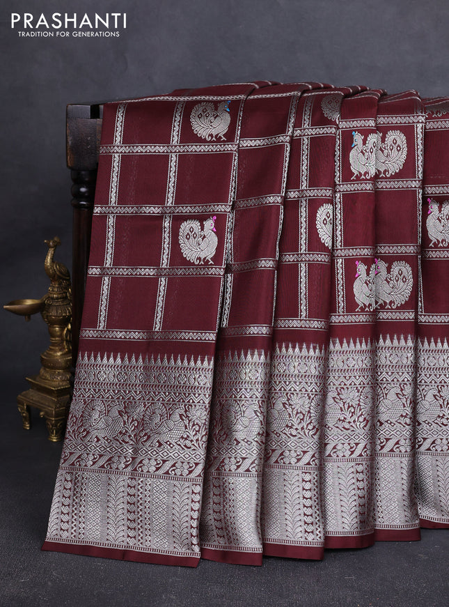 Venkatagiri silk saree coffee brown with allover silver zari checks & buttas and long zari woven border