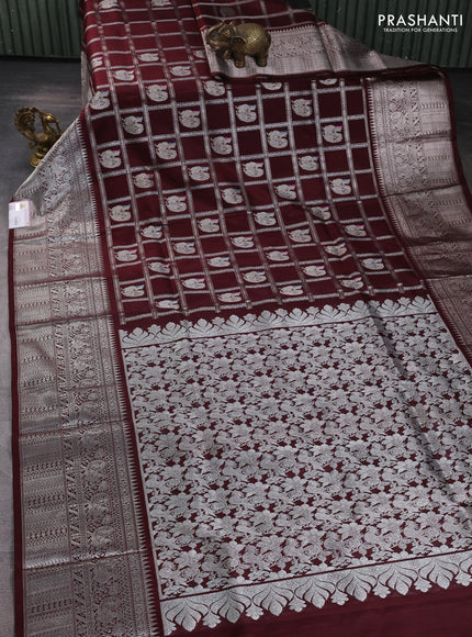 Venkatagiri silk saree coffee brown with allover silver zari checks & buttas and long zari woven border