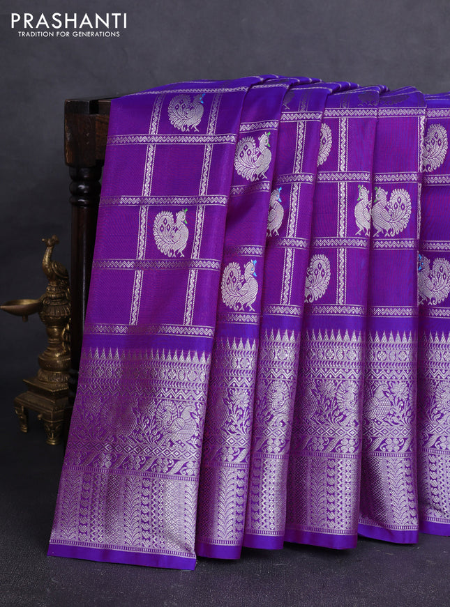 Venkatagiri silk saree dual shade of purple with allover silver zari checks & buttas and long zari woven border