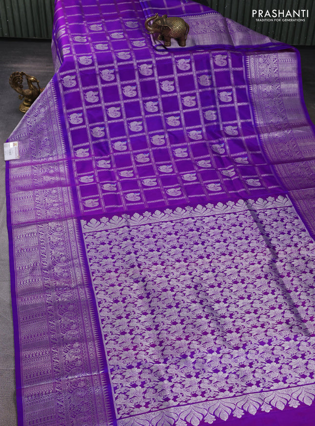Venkatagiri silk saree dual shade of purple with allover silver zari checks & buttas and long zari woven border