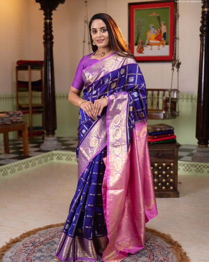 Venkatagiri silk saree violet and light pink with allover silver & zari checks & buttas and zari woven border