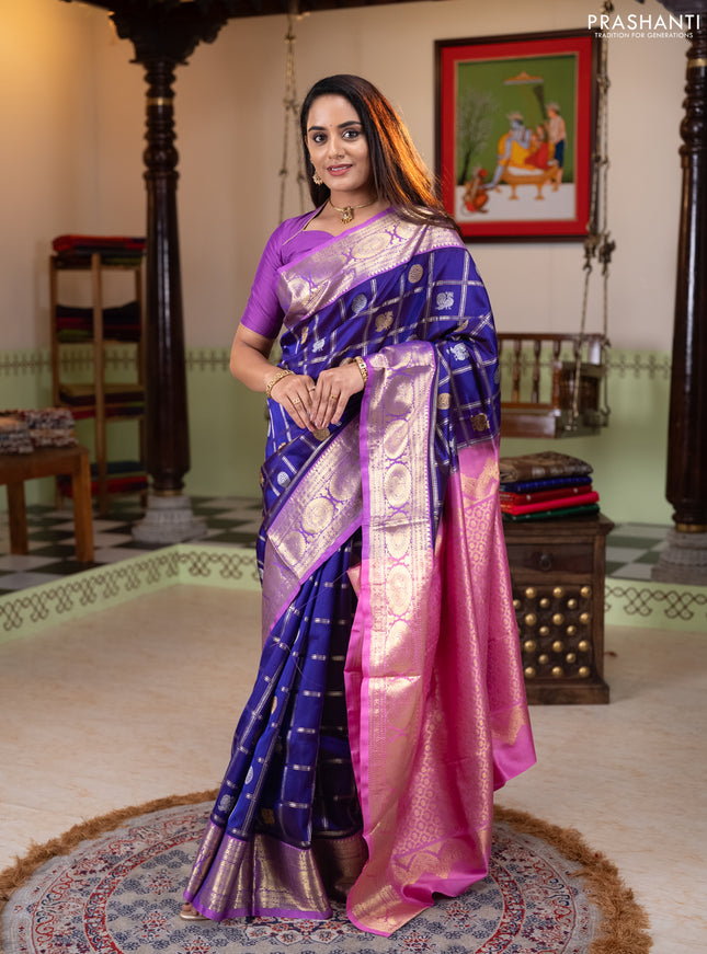 Venkatagiri silk saree violet and light pink with allover silver & zari checks & buttas and zari woven border
