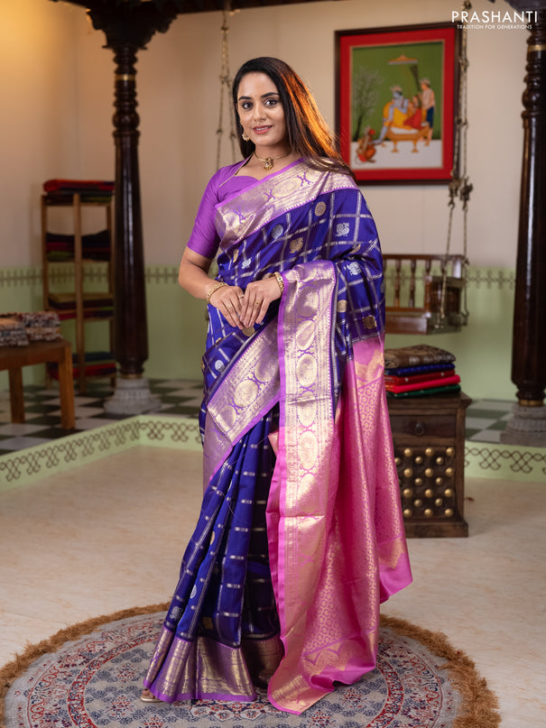 Venkatagiri silk saree violet and light pink with allover silver & zari checks & buttas and zari woven border