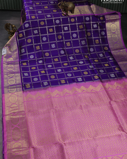 Venkatagiri silk saree violet and light pink with allover silver & zari checks & buttas and zari woven border