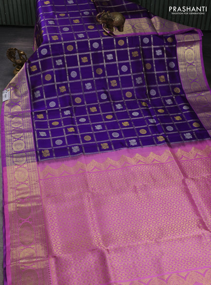 Venkatagiri silk saree violet and light pink with allover silver & zari checks & buttas and zari woven border