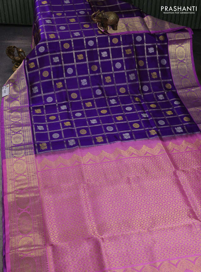 Venkatagiri silk saree violet and light pink with allover silver & zari checks & buttas and zari woven border