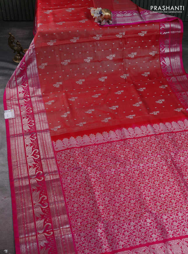 Venkatagiri silk saree red and pink with allover silver zari vairosi & buttas and long silver zari woven border