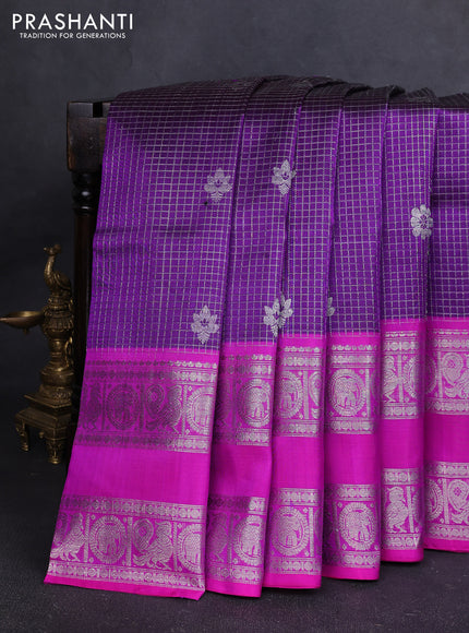 Venkatagiri silk saree purple and pink with allover small checks & silver zari woven buttas and long rettapet silver zari woven border