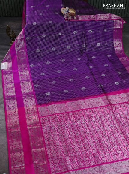 Venkatagiri silk saree purple and pink with allover small checks & silver zari woven buttas and long rettapet silver zari woven border