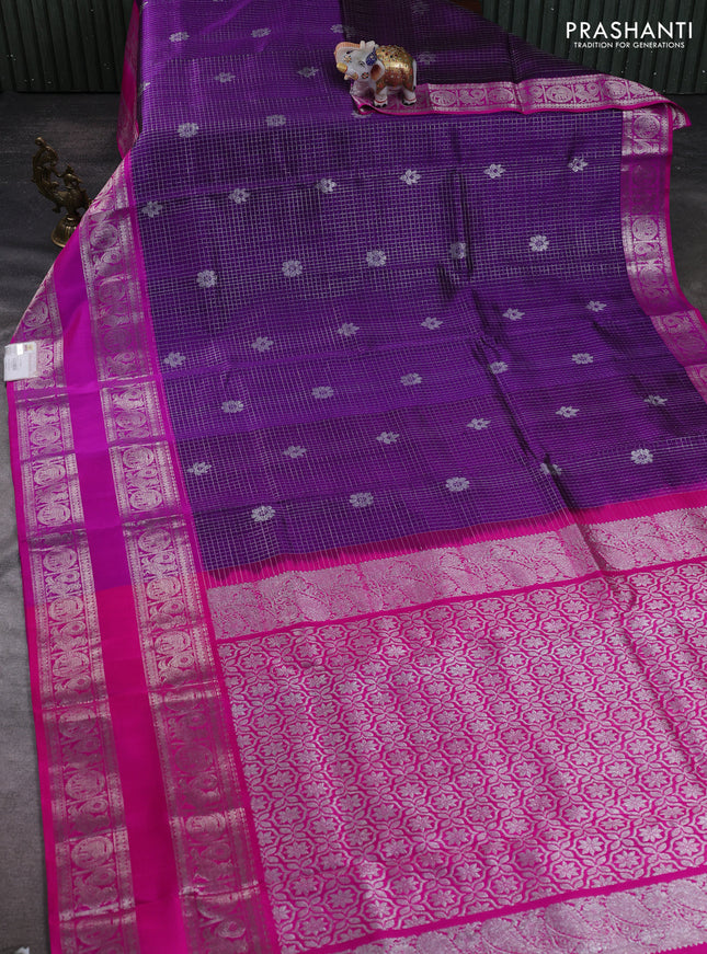 Venkatagiri silk saree purple and pink with allover small checks & silver zari woven buttas and long rettapet silver zari woven border