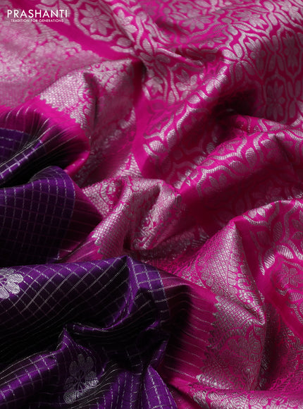 Venkatagiri silk saree purple and pink with allover small checks & silver zari woven buttas and long rettapet silver zari woven border