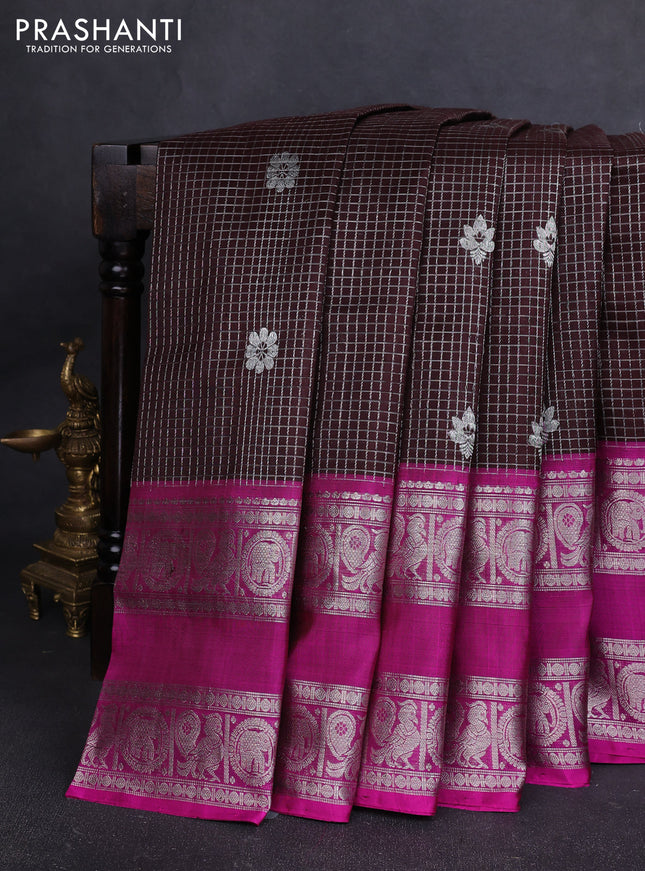 Venkatagiri silk saree coffee brown and pink with allover small checks & silver zari woven buttas and rettapet silver zari woven border