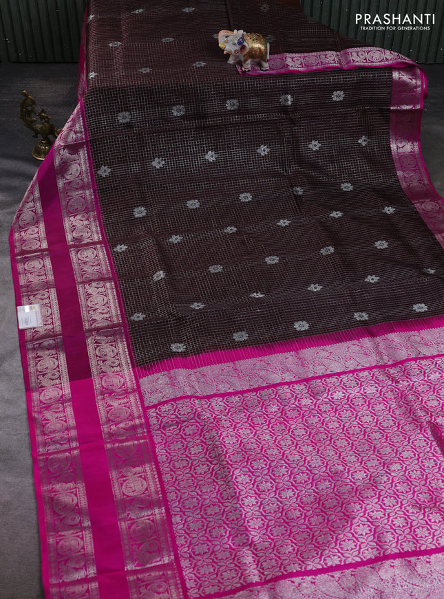 Venkatagiri silk saree coffee brown and pink with allover small checks & silver zari woven buttas and rettapet silver zari woven border