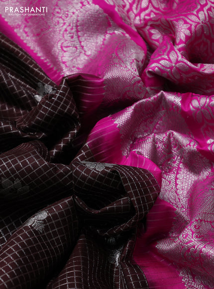 Venkatagiri silk saree coffee brown and pink with allover small checks & silver zari woven buttas and rettapet silver zari woven border
