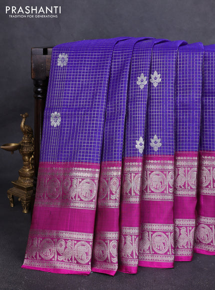 Venkatagiri silk saree blue and pink with allover silver & zari checks buttas and long rettapet silver zari woven border