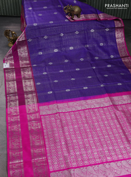 Venkatagiri silk saree blue and pink with allover silver & zari checks buttas and long rettapet silver zari woven border