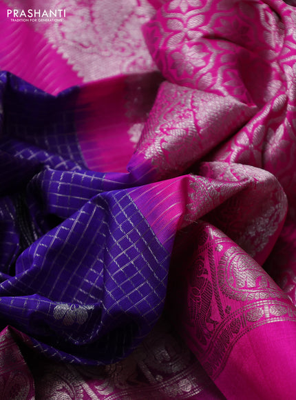 Venkatagiri silk saree blue and pink with allover silver & zari checks buttas and long rettapet silver zari woven border