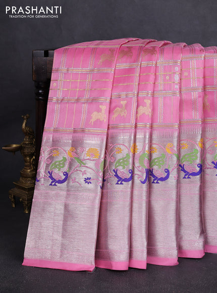 Venkatagiri silk saree light pink with allover silver & zari checks buttas and long silver zari woven border