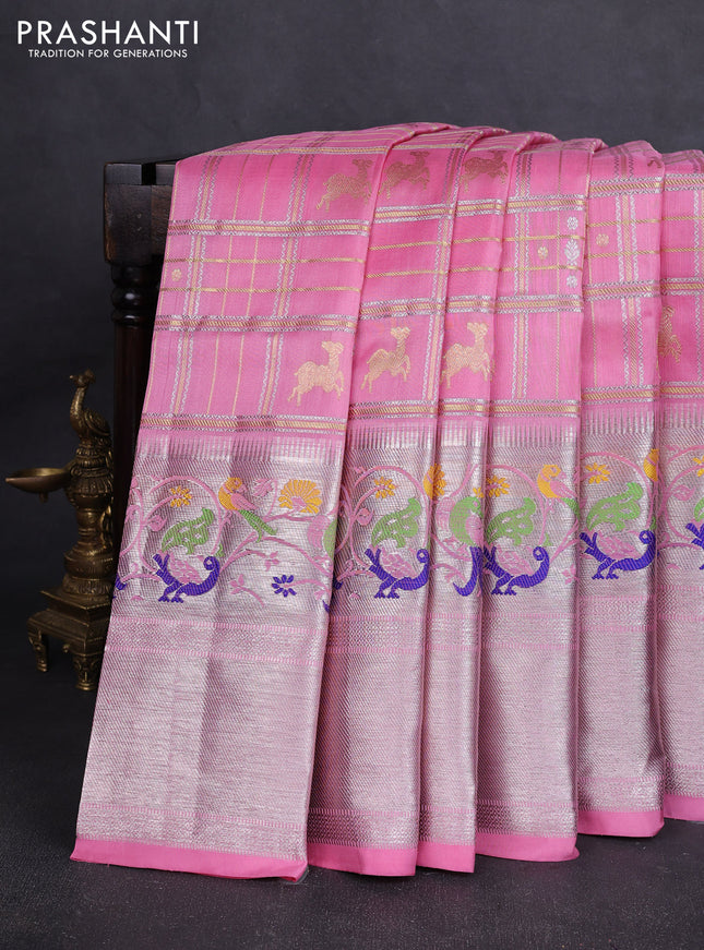 Venkatagiri silk saree light pink with allover silver & zari checks buttas and long silver zari woven border