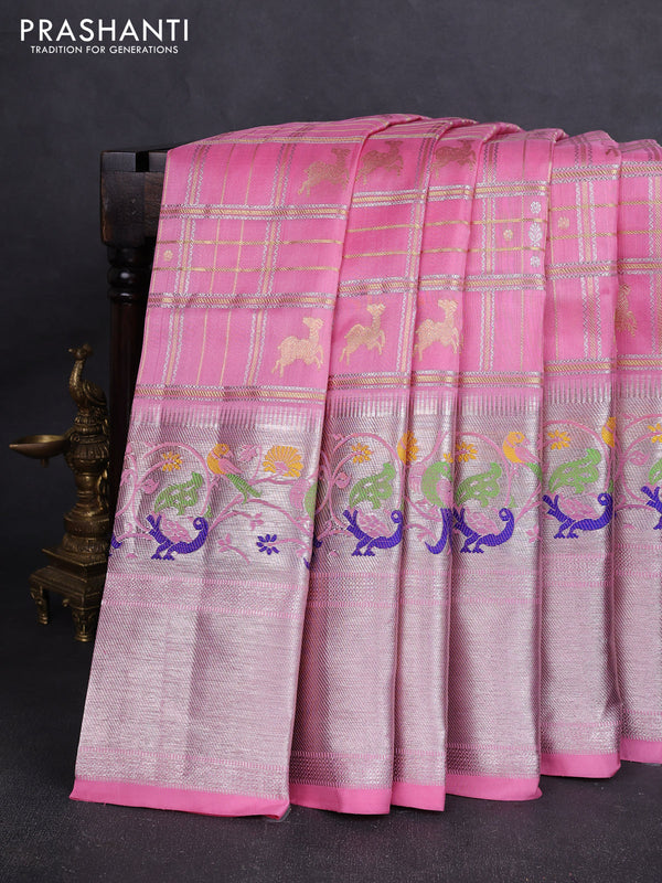 Venkatagiri silk saree light pink with allover silver & zari checks buttas and long silver zari woven border