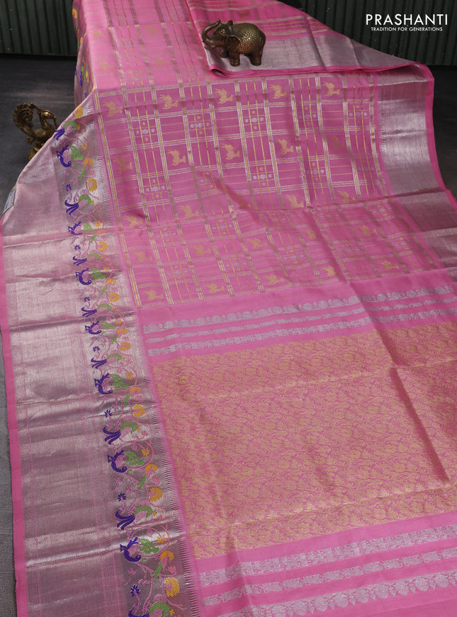 Venkatagiri silk saree light pink with allover silver & zari checks buttas and long silver zari woven border